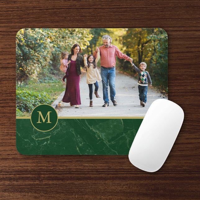 Dark Green Marble Tan Monogram Family Photo Mousepad (Von Creator hochgeladen)
