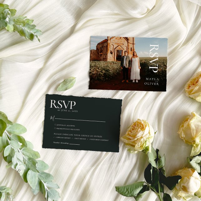 Dark Green Minimalistisch Wedding Foto RSVP Karte (Von Creator hochgeladen)