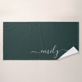 Dark Green Modern Script Monogram Name Badehandtuch