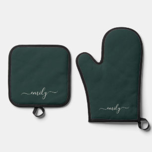 Dark Green Modern Script Monogram Name Ofenhandschuh & Topflappen-Set