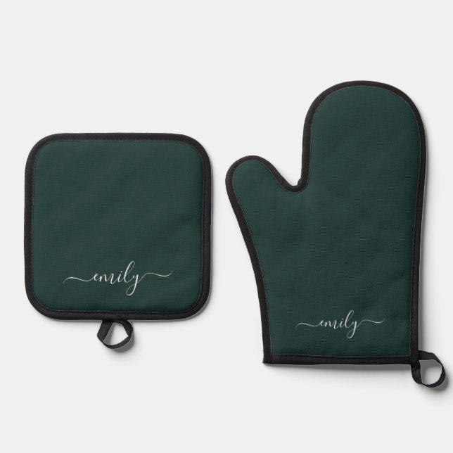 Dark Green Modern Script Monogram Name Ofenhandschuh & Topflappen-Set (Vorderseite)