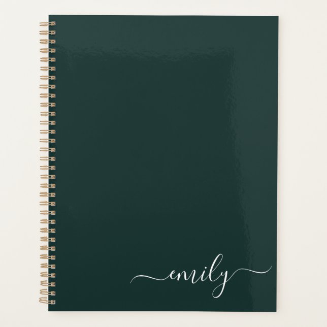 Dark Green Modern Script Monogram Name Planer (Vorderseite)