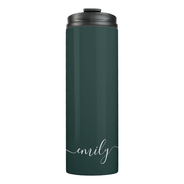 Dark Green Modern Script Monogram Name Thermosbecher (Vorderseite)