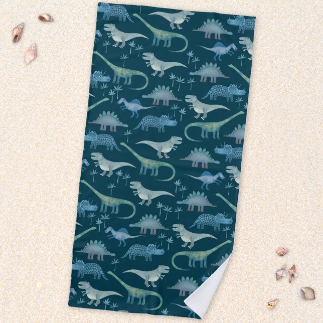 Dark Green Niedlich Dinosaur-Muster Strandtuch (Fun prehistoric dinosaur pattern beach towel for paleontologists of all ages)