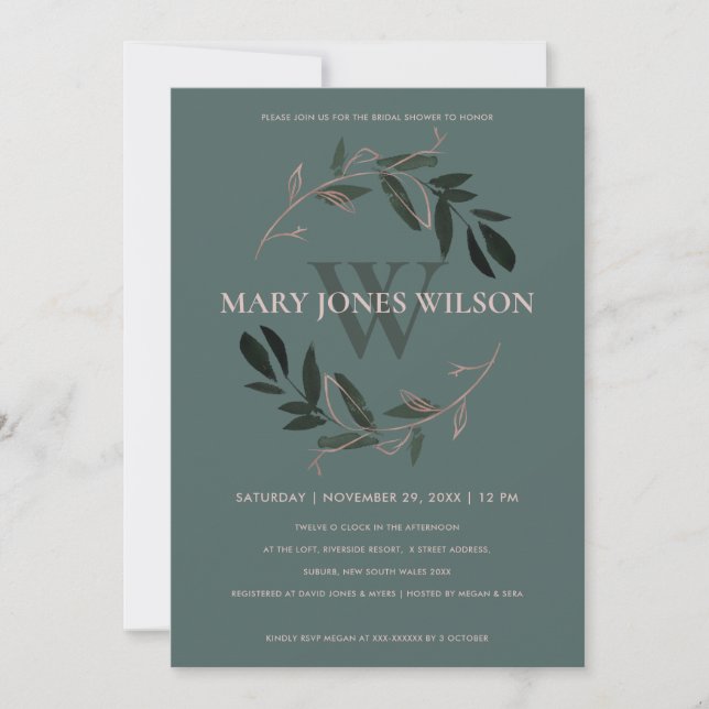 DARK GREEN PINK FOLIAGE WREATH BRAUTPARTY CARD DANKESKARTE (Vorderseite)