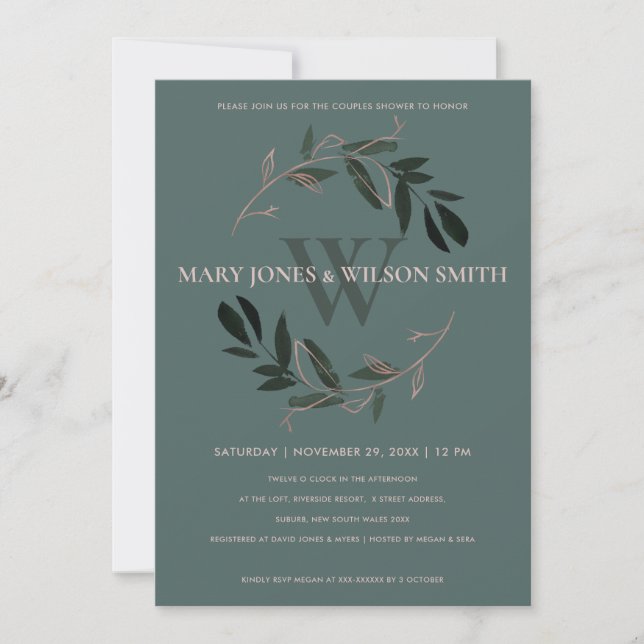 DARK GREEN PINK FOLIAGE WREATH COUPLES SHOWCARD DANKESKARTE (Vorderseite)