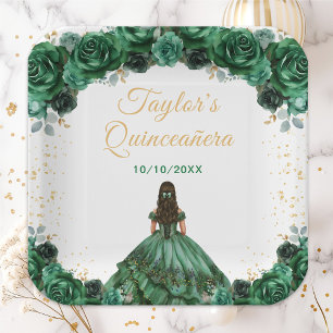 Dark Green Princess Floral Quinceañera Pappteller