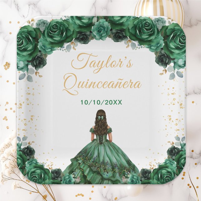 Dark Green Princess Floral Quinceañera Pappteller (Von Creator hochgeladen)