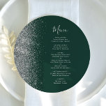 Dark Green Silver Glitzer Round Plate Wedding Menu Menükarte<br><div class="desc">Die links Kulisse dieses eleganten,  modernen Hochzeitsmenüs besticht durch einen silbernen Glitzer-Rahmen mit Imitaten. Der anpassbare Text kombiniert silbergraue whimsical Handschriftzeichen mit Copperplate-Schriftart auf einem dunkelgrünen Hintergrund. Auf der Rückseite ist ein passendes grün- und silbernes Glitzer-Design erkennbar.</div>