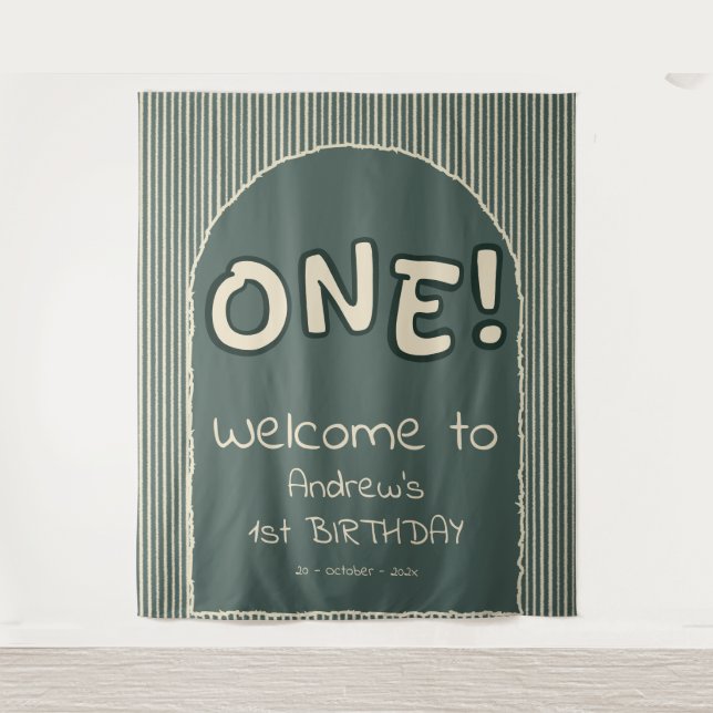 Dark Green Stripes 1st Birthday Backdrop Wandteppich (Vorderseite)
