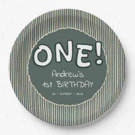 Dark Green Stripes 1st Birthday Pappteller