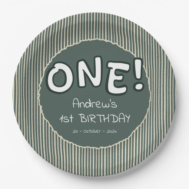 Dark Green Stripes 1st Birthday Pappteller (Vorderseite)