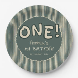 Dark Green Stripes 1st Birthday Pappteller
