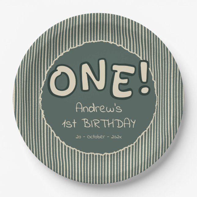 Dark Green Stripes 1st Birthday Pappteller (Vorderseite)