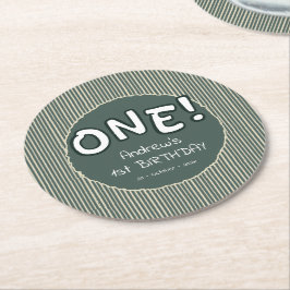 Dark Green Stripes 1st Birthday Runder Pappuntersetzer