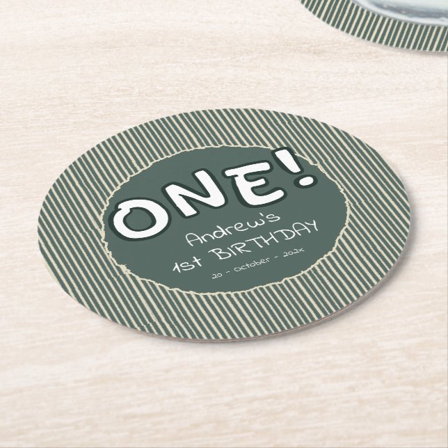 Dark Green Stripes 1st Birthday Runder Pappuntersetzer (Angewinkelt)