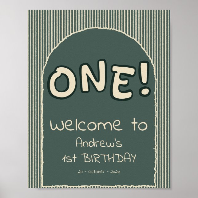 Dark Green Stripes 1st Birthday Welcome Sign Poster (Vorne)