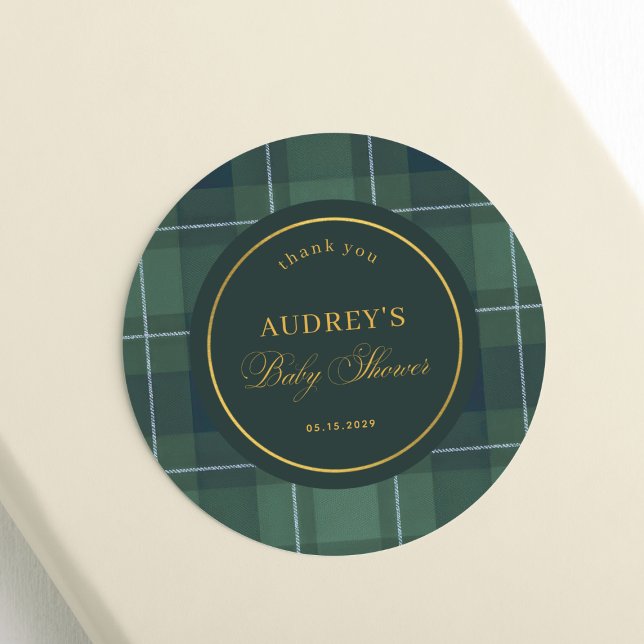 Dark Green Tartan Polo Plaid Baby Shower Thank You Runder Aufkleber (Von Creator hochgeladen)