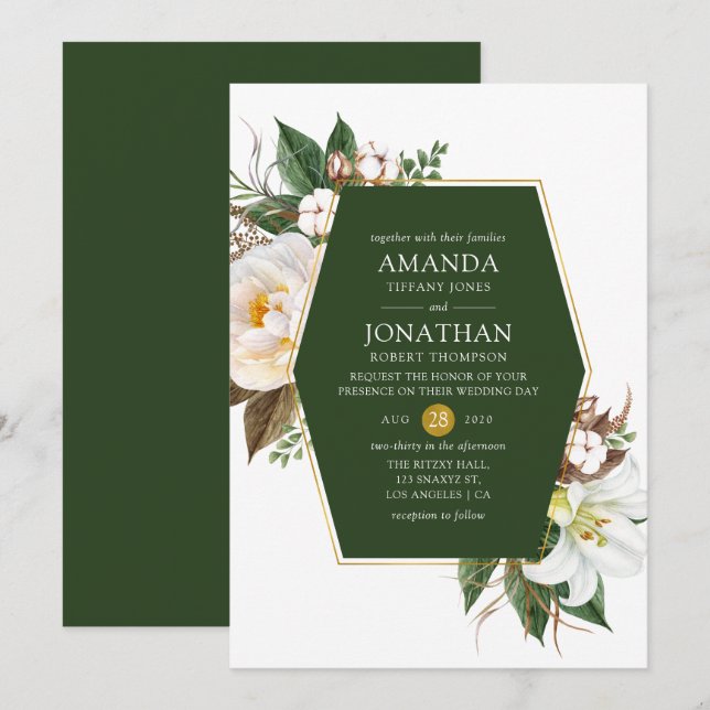Dark Green und Gold Floral Geometric Wedding Einladung (Vorne/Hinten)