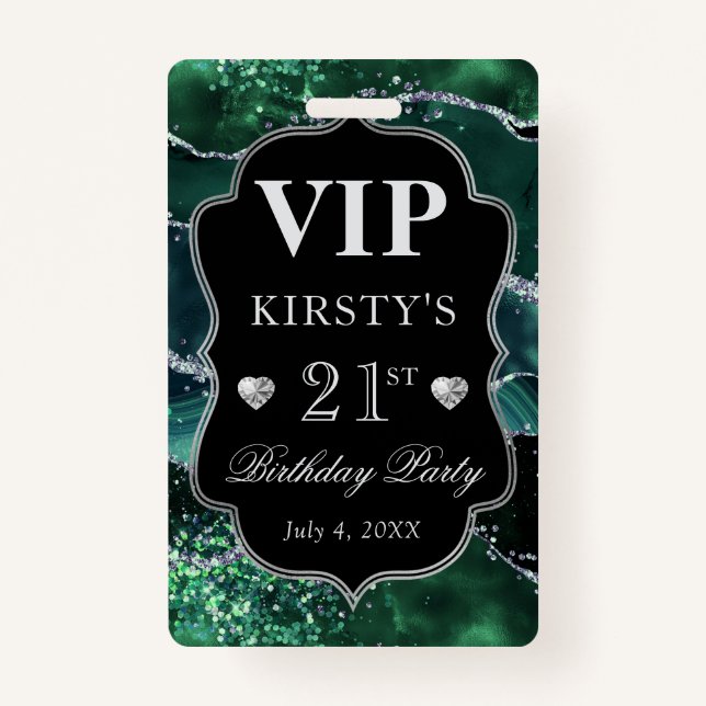Dark Green und Silver Glitzer Agate Birthday VIP Ausweis (Vorderseite)