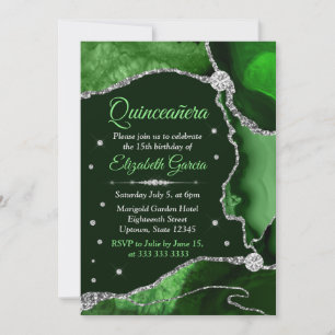 Dark Green und Silver Glitzer Agate Quinceanera Einladung