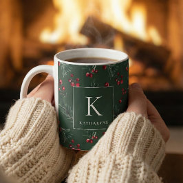Dark Green Winter Watercolor Botanic Monogram Kaffeetasse