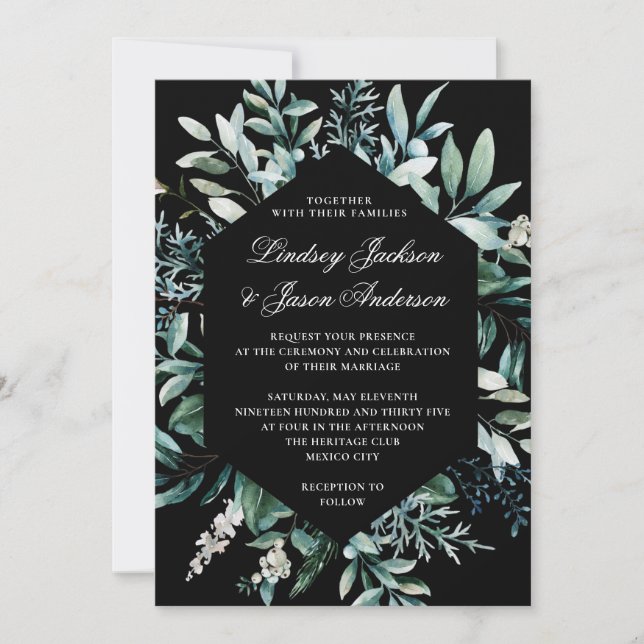 Dark Greenery Moody Elegant Floral Wedding Einladung (Vorderseite)