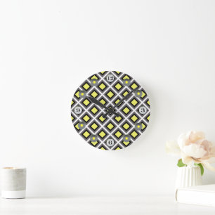 Dark Grey, Black, Yellow Ikat Diamonds by STaylor Runde Wanduhr