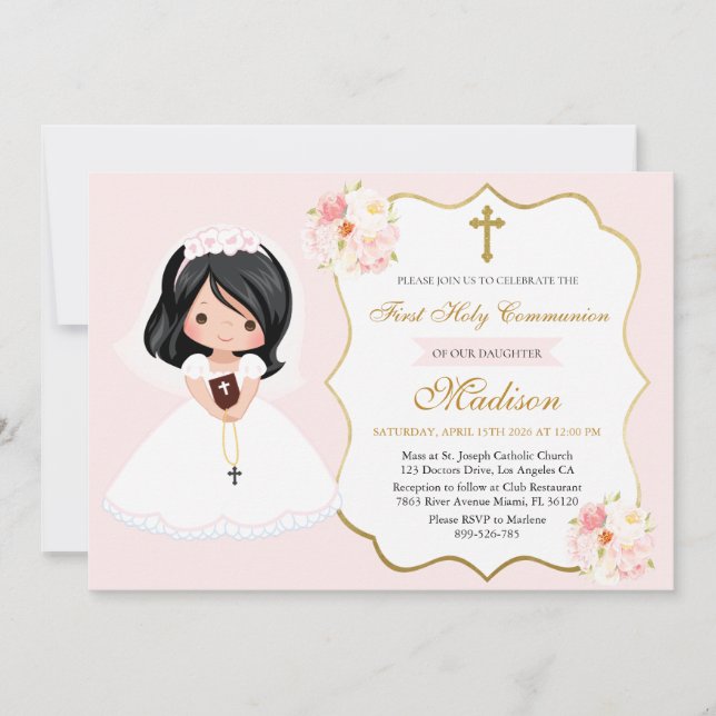 Dark-haired Girl First Holy Communion Invitation (Devant)