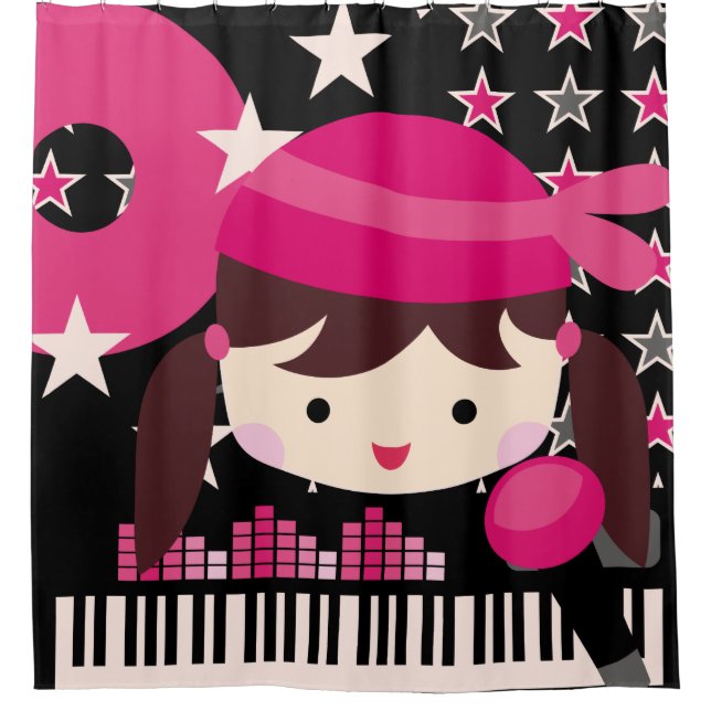 Dark Haired Girl Rock Star Musik Karaoke Duschvorhang (Vorderseite)