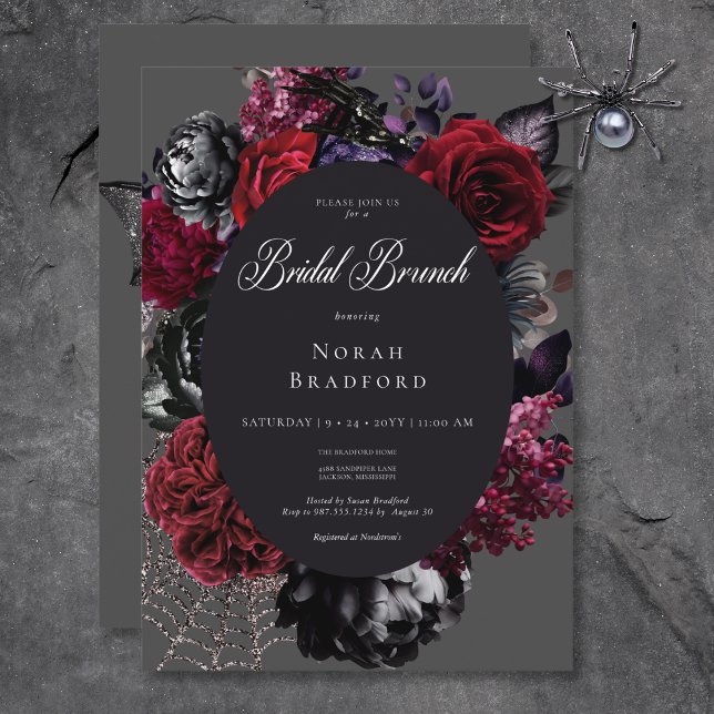 Dark Halloween Glam Floral Black Bridal Brunch Einladung (Dark Halloween Glam Floral Black Bridal Brunch Invitation)