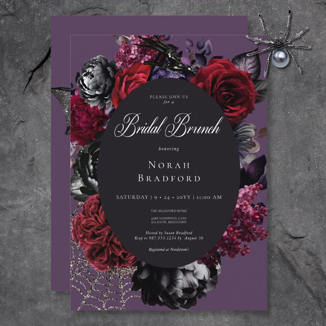 Dark Halloween Glam Floral Lila Bridal Brunch Einladung (Dark Halloween Glam Floral Purple Bridal Brunch Invitation)