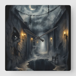 Dark Haunted fantasy Corridor with Moonlit Sky Quadratische Wanduhr