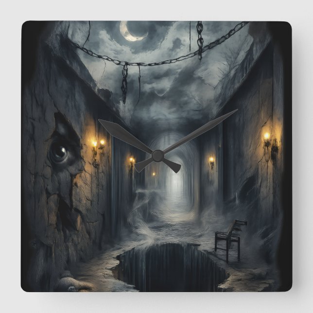 Dark Haunted fantasy Corridor with Moonlit Sky  Quadratische Wanduhr (Vorderseite)