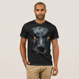 Dark Haunted Fantasy Corridor with Moonlit Sky T-Shirt