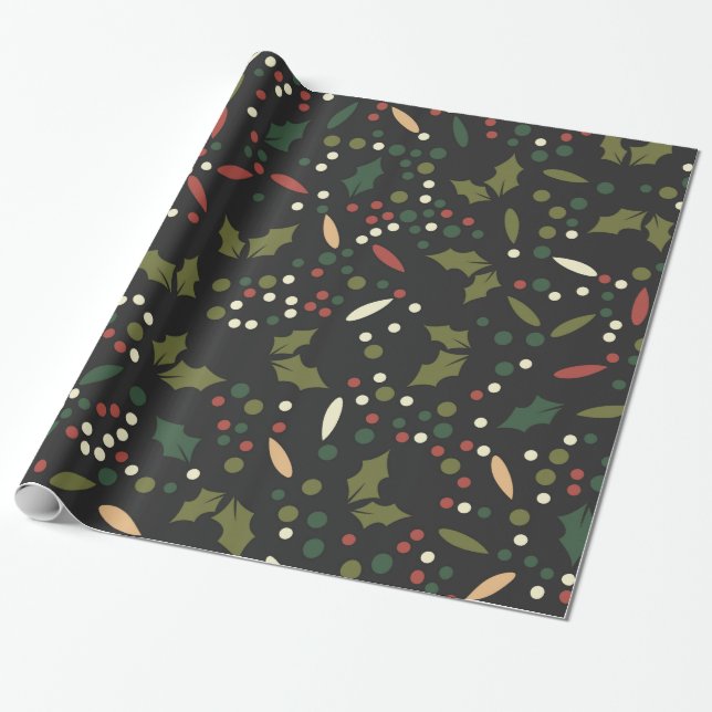 Dark Holiday Dots Holly Verlasse Weihnachten Geschenkpapier (Ungerollt)