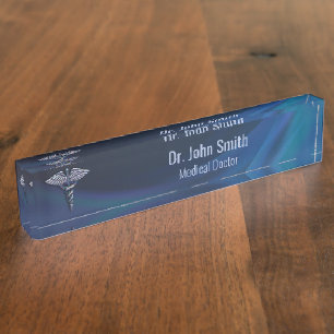 Dark Holographic Chrome 3D Medical Caduceus Namensplakette