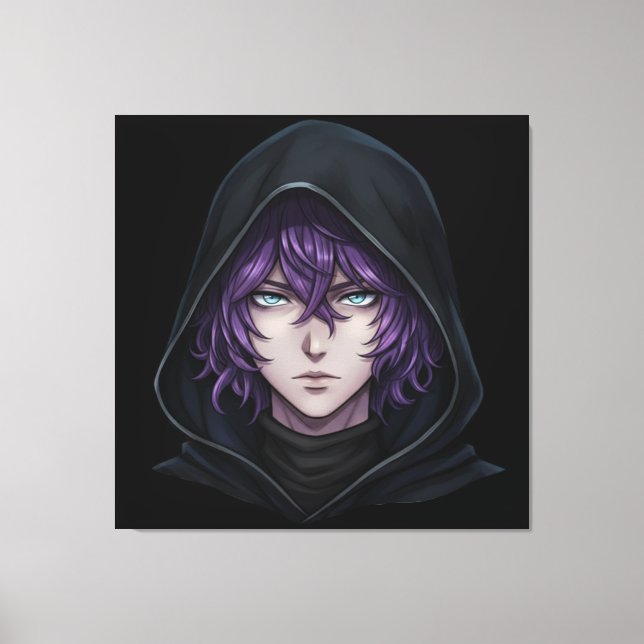 Dark Hoodie Anime Boy with Purple Hair Leinwanddruck (Vorderseite)