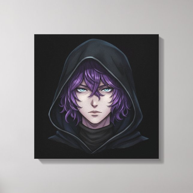 Dark Hoodie Anime Boy with Purple Hair Leinwanddruck (Vorderseite)