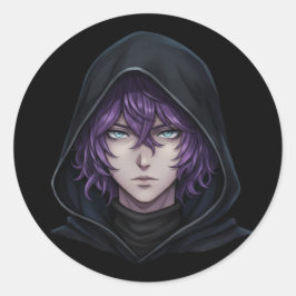 Dark Hoodie Anime Boy with Purple Hair Runder Aufkleber