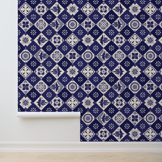 Dark Indigo Beige Mexican Talavera Tiles Tapete (Anwendung)