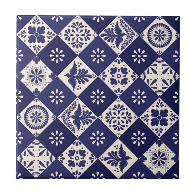 Dark Indigo Beige mexikanische Blütenschweine Tala Fliese (Vorderseite)