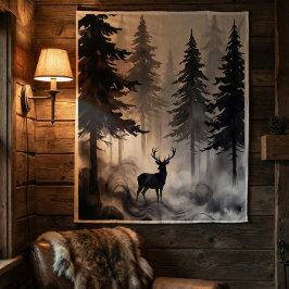 Dark Ink Deer Forest Tapestry | Moody Woodland Art Wandteppich