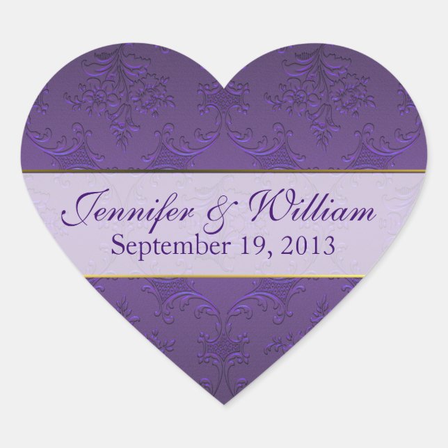 Dark Lila Damask Heart Custom Wedding Sticker (Vorderseite)