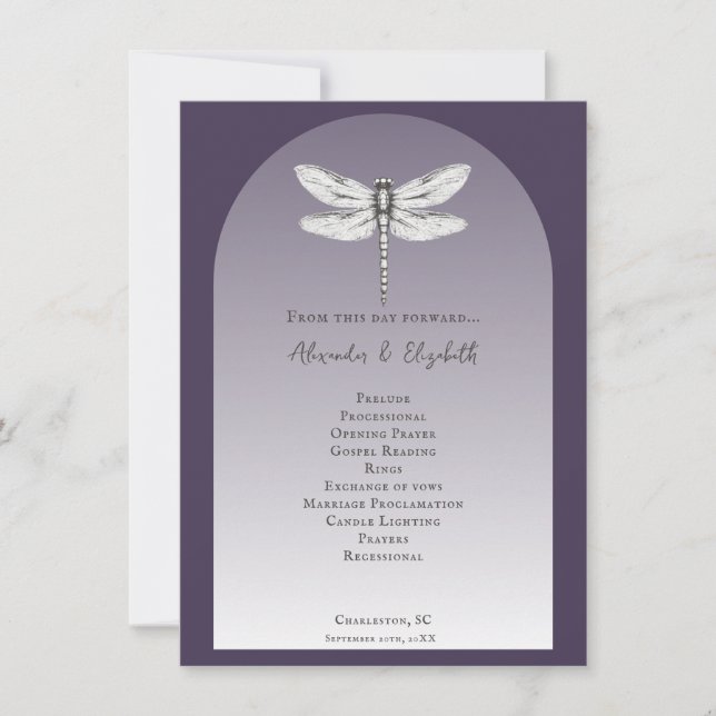 Dark Lila Dragonfly-Hochzeitsprogramm (Vorderseite)