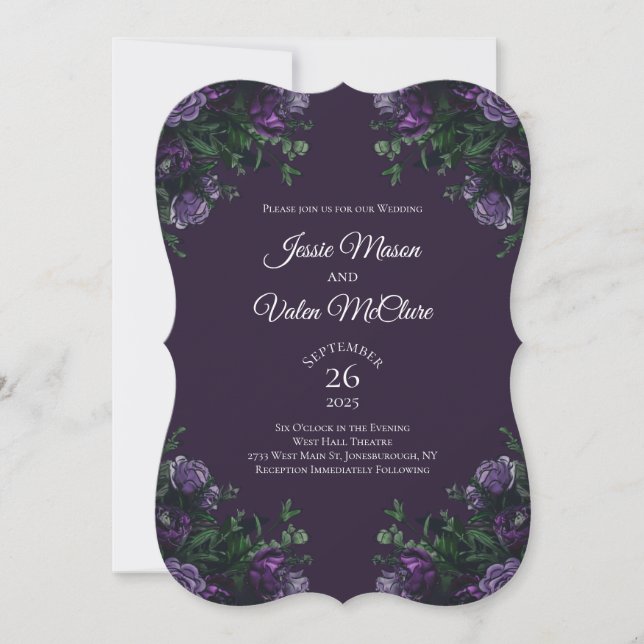 Dark Lila Floral Elegant Wedding Gothic Einladung (Vorderseite)