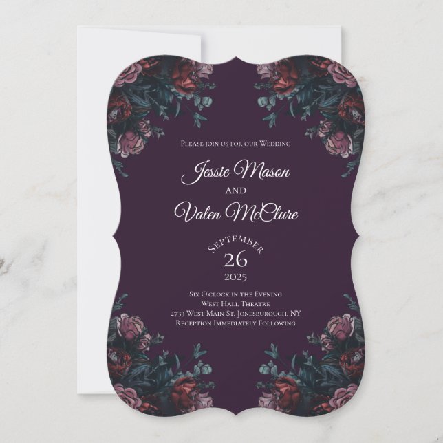 Dark Lila Floral Elegante Wedding Maroon Mauve Einladung (Vorderseite)