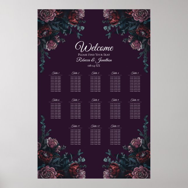 Dark Lila Floral Elegante Wedding Maroon Mauve Poster (Vorne)