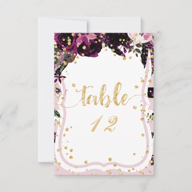 Dark Lila Floral Gold Tischnummer Seekarte (Vorderseite)