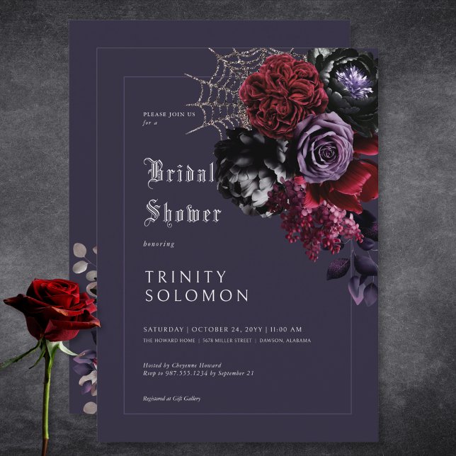 Dark Lila Floral & Silver Web Brautparty Einladung (Dark Purple Floral & Silver Web Bridal Shower Invitation)